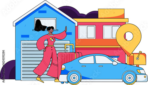 Excited woman waves goodbye to her home ready for an amazing road trip adventure with luggage and car, embracing freedom and new experiences on the open road with vibrant style