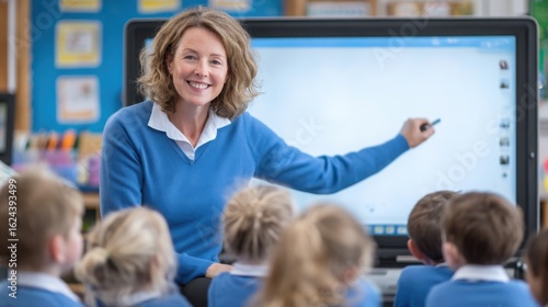 Teacher Conducting Lesson with Young Students in Classroom Using Interactive Whiteboard