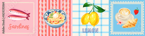 Set of Italian Mediterranean cards featuring hand-drawn sardines, lemons, pasta, breakfast dishes, and coffee. Perfect for summer-themed posters, greeting cards, kitchen decor, and branding 