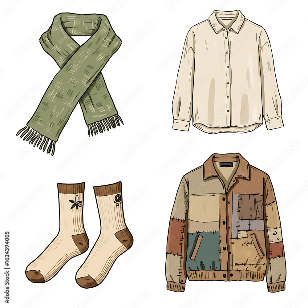 Naklejka premium Hand-drawn Fashion Illustration: Scarf, Shirt, Jacket, Socks