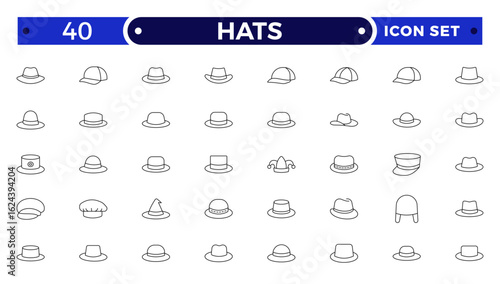 Stylish outline icon set featuring unique hats: beanies, fedoras, caps, sunhats & more. Perfect for fashion apps, branding, print, and web. Clean, minimal, and fully scalable.