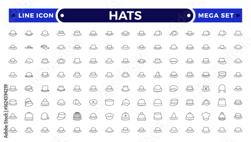 Stylish outline icon set featuring unique hats: beanies, fedoras, caps, sunhats & more. Perfect for fashion apps, branding, print, and web. Clean, minimal, and fully scalable.