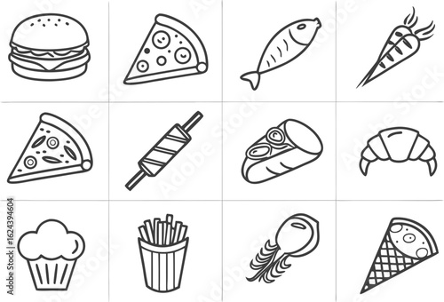 Fast Food and Snacks Collection,Collection of black line art icons,Stroke icons for fast food,Set of food,Modern minimal flat design elements,hand drawn vector set of pizza,Simple black outline icons