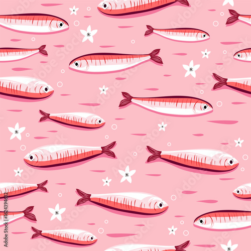 Seamless pink pattern with cute hand-drawn sardines in a pastel Mediterranean style. Playful and charming Italian seafood design perfect for summer-themed backgrounds, kitchen textiles, wrapping paper