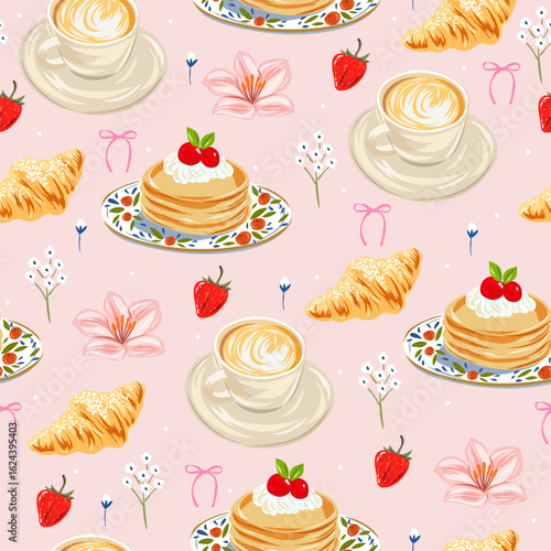Seamless cute pink breakfast pattern with cappuccino, pancakes, croissant, and flowers in pastel Mediterranean style. Perfect for summer textiles, backgrounds, and cozy decor with dolce vita charm.