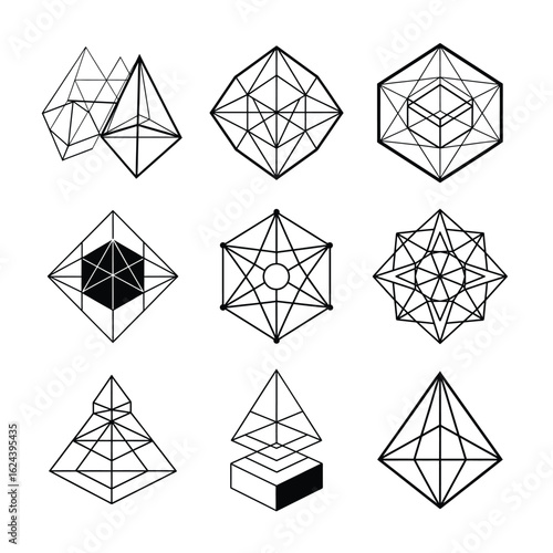 Crystalline Wireframe Geometric Shapes Collection