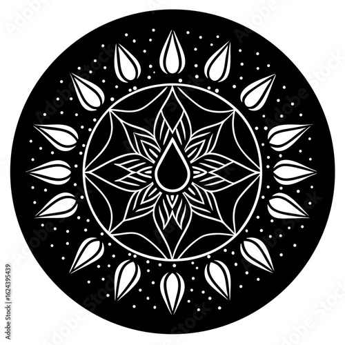 Sacred geometry mandala symbol with teardrop, mystic occult esoteric spiritual enlightenment consciousness meditation yoga chakra kundalini divine universe cosmos