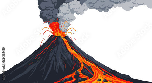 Erupting volcano spewing lava, ash, and smoke against a white background.