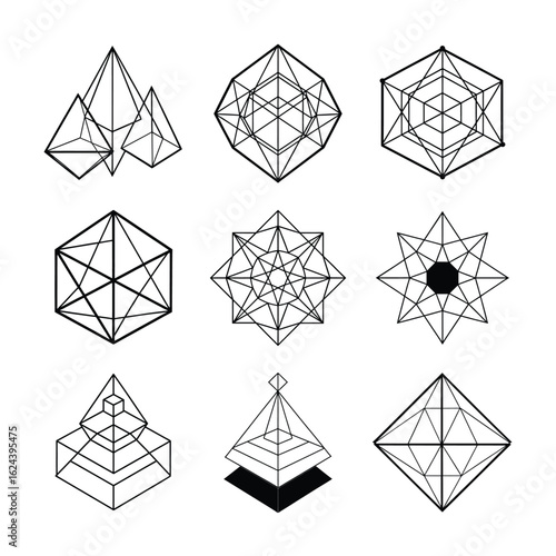 Crystalline Wireframe Geometric Shapes Collection