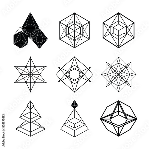 Crystalline Wireframe Geometric Shapes Collection
