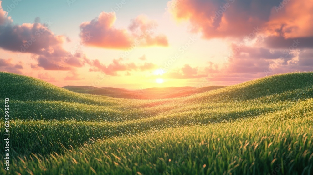 Obraz premium illustration of Summer fields landscape with a dawn,Rainbow, green grass hills, bright color blue sky, country background,banner resting vacation.