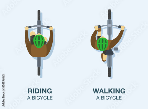 Isolated cyclist riding a bicycle and cyclist walking a bicycle. Top view. Flat vector illustration template. 