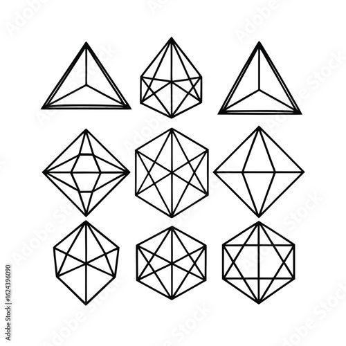Crystalline Wireframe Geometric Shapes Collection