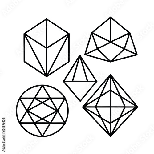 Crystalline Wireframe Geometric Shapes Collection