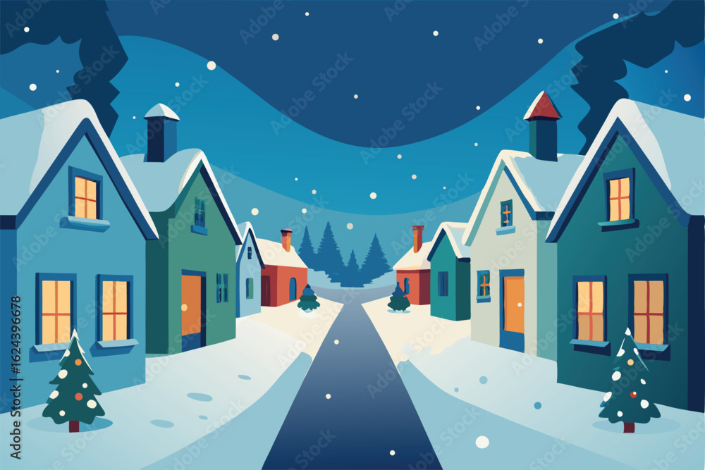Fototapeta premium quiet snowy village street with decorated houses (1).eps