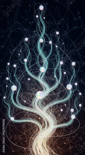 Futuristic neural network tree with glowing data nodes and flowing connections