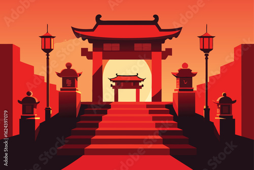 red temple gate with lanterns and stone lions  .eps