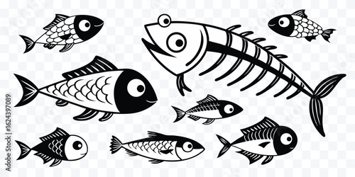 Black and white fish silhouettes with one fish skeleton illustration creating a unique and eye catching design for various applications