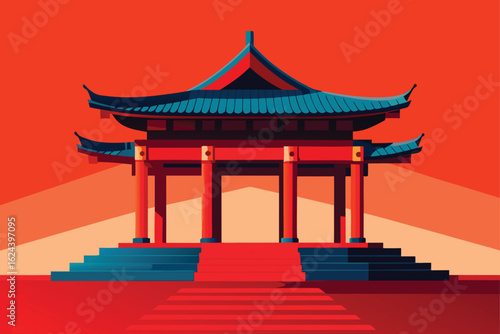 red temple with tiled roof and columns  .eps