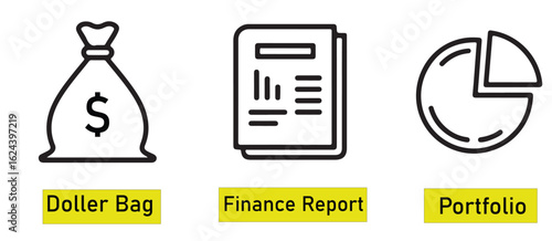 Icons representing finance concepts: a dollar bag, a finance report, and a portfolio pie chart