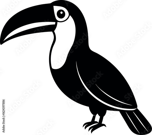 Toucan bird with oversized beak and single color block in minimal black silhouette