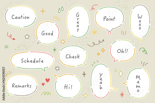 破線のフキダシ　ベクター　素材　セット 　 イラスト　矢印　ハート　線　キラキラ　飾り　アイコン　複数