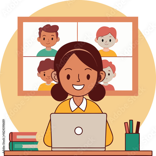 Girl participating in group zoom call with schoolm.