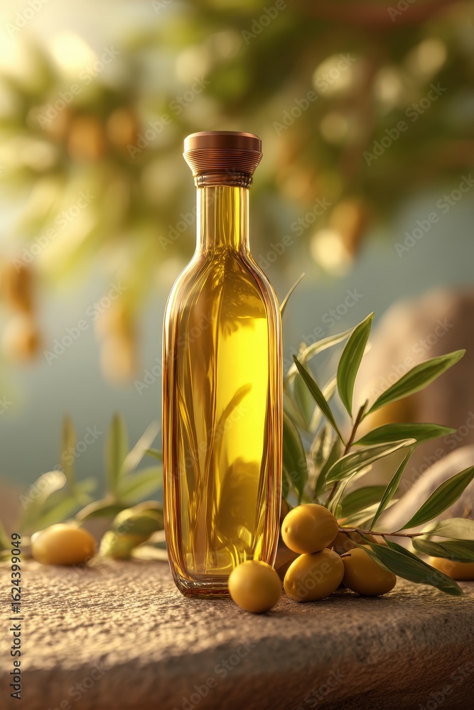 Olive oil bottle surrounded by fresh olives in a rustic setting under soft lighting Olive oil bottle surrounded by fresh olives in a rustic setting under soft lighting