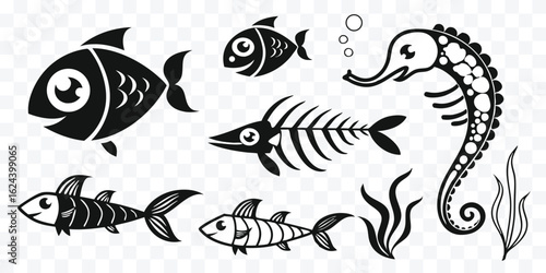 Stylized Black and White Fish and Seahorse Vector Illustration for Aquatic Design Projects