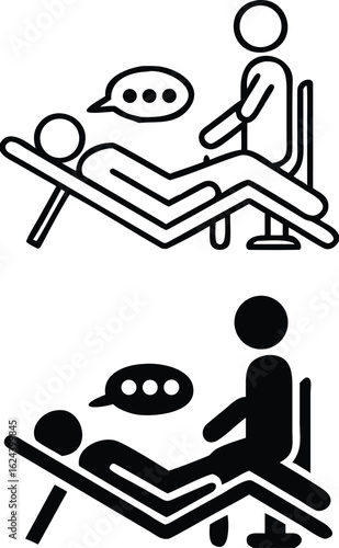 Therapy Icons. Black and White Vector Illustrations. Patient Lying on the Couch and Telling the Doctor about His Problem. Internal Medicine, Psychology, Psychotherapy. Mental Health Concept
