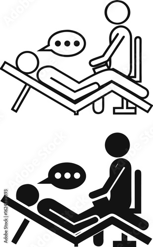 Therapy Icons. Black and White Vector Illustrations. Patient Lying on the Couch and Telling the Doctor about His Problem. Internal Medicine, Psychology, Psychotherapy. Mental Health Concept
