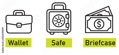 Illustration showing a wallet, a safe, and a briefcase with yellow labels underneath each item