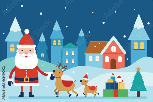 santa claus arriving in a snowy town square with .eps