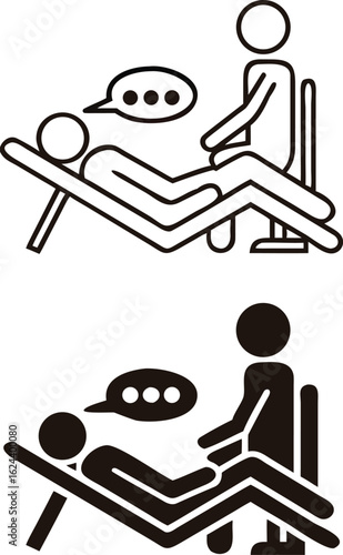 Therapy Icons. Black and White Vector Illustrations. Patient Lying on the Couch and Telling the Doctor about His Problem. Internal Medicine, Psychology, Psychotherapy. Mental Health Concept

