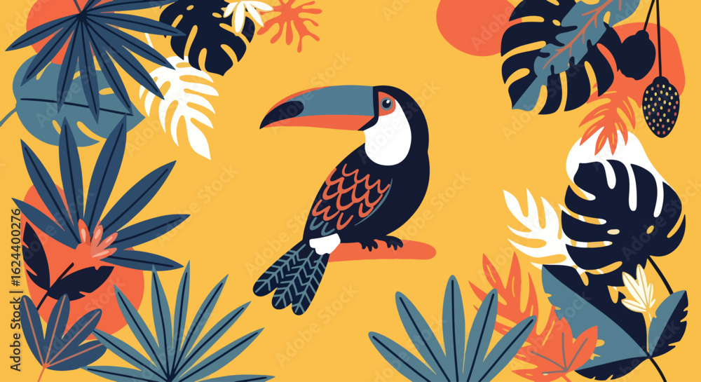 Fototapeta premium Modern Stylized Toucan and Tropical Leaves Illustration 
