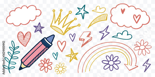 Childrens Drawing Elements with Pencil Rainbow and Other Fun Designs Creative Art Therapy Illustration