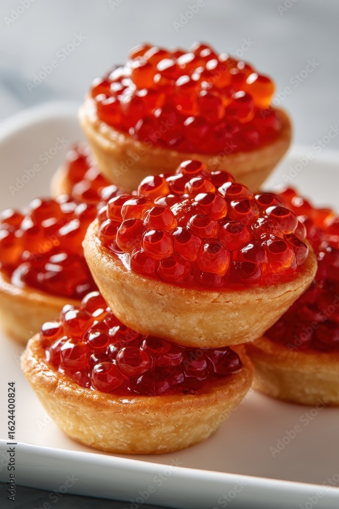 Delicious bite-sized tarts filled with vibrant red caviar on a white plate Delicious bite-sized tarts filled with vibrant red caviar on a white plate