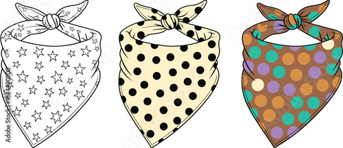 cad drawing flat vector illustration, stylish women bandana scarf set, star print, polka dot design, colorful fashion accessory, 