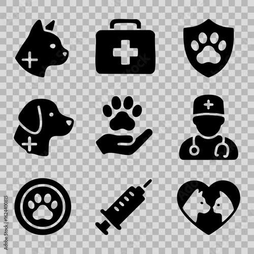 Various icons related to veterinary care are displayed including dogs, a medical kit, paw prints, and syringes, showcasing essential elements of animal health services.