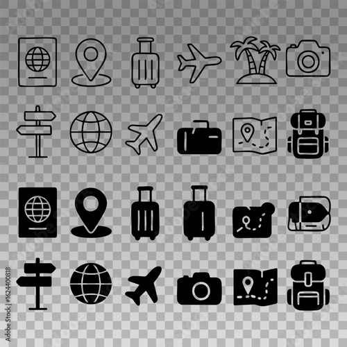 A collection of travel icons including a passport, suitcase, camera, world map, and airplane, illustrating key elements of travel and adventure for wanderlust-filled journeys.