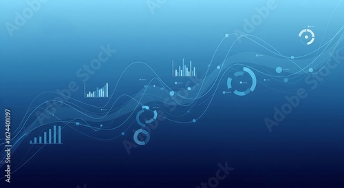 Abstract illustration showcasing financial data analysis with flowing lines charts and graphs in a blue gradient background