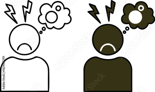 Post Traumatic Stress Disorder Icons. Black and White Vector Illustration. Severe Mental Disorder, PTSD. Irritability, Aggression, Sleep Problems. Mental Health Concept
