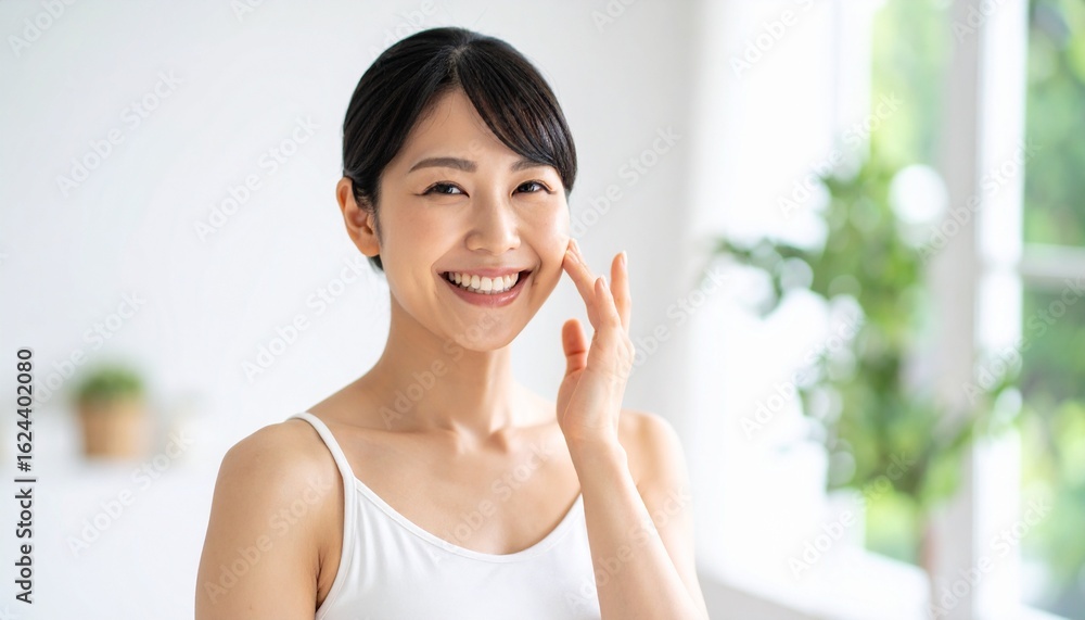 鏡の前で頬に手を当ててスキンケアをする笑顔の若い女性と明るい室内 鏡の前で頬に手を当ててスキンケアをする笑顔の若い女性と明るい室内