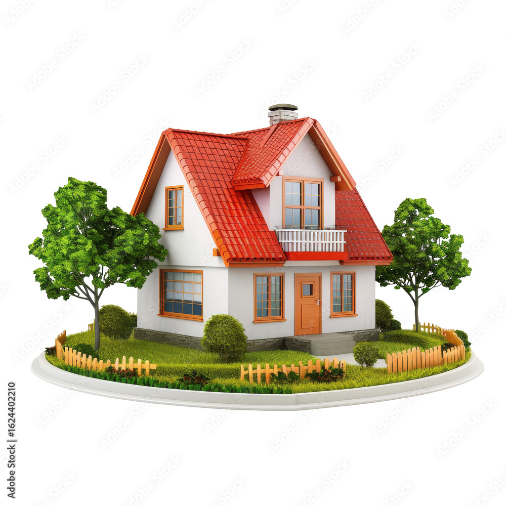 custom made wallpaper toronto digital3D model of a charming suburban home with a red roof, situated on a landscaped lot. Small trees and a small fence surround the property