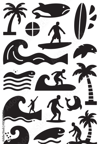 A collection of black silhouette vector icons depicting surfing and marine life. Includes surfers on waves, palm trees, surfboards, a whale, a seal, and various wave styles.