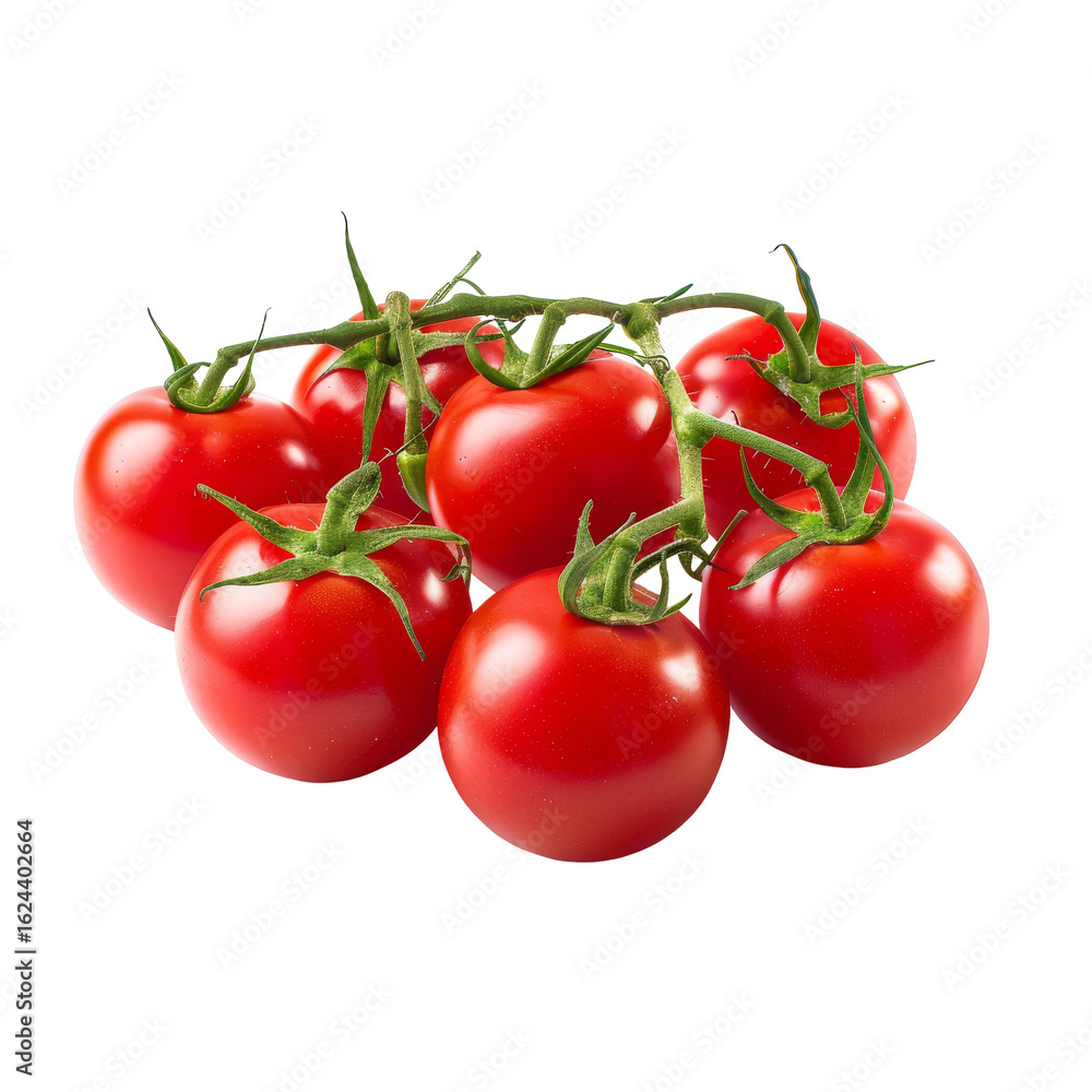 Cluster of ripe, red cherry tomatoes attached to stems Cluster of ripe, red cherry tomatoes attached to stems