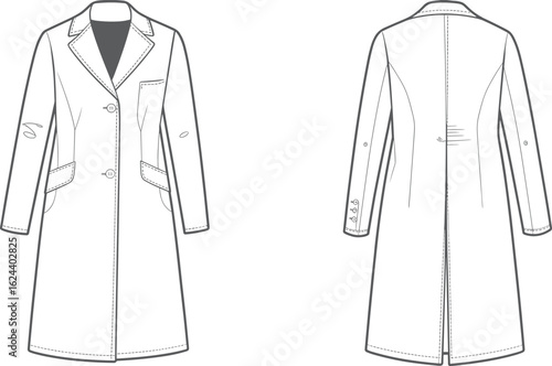 cad drawing flat vector illustration, women’s tailored long coat, double button closure, notched lapel collar, flap pockets, sleeve buttons, back vent