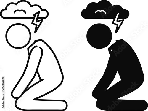 Trauma Icons. Black And White Vector Illustrations. Man Sitting On His Knees, Dark Cloud Above Him. Person Experiencing A Stressful Or Traumatic Event. Mental Health Concept
