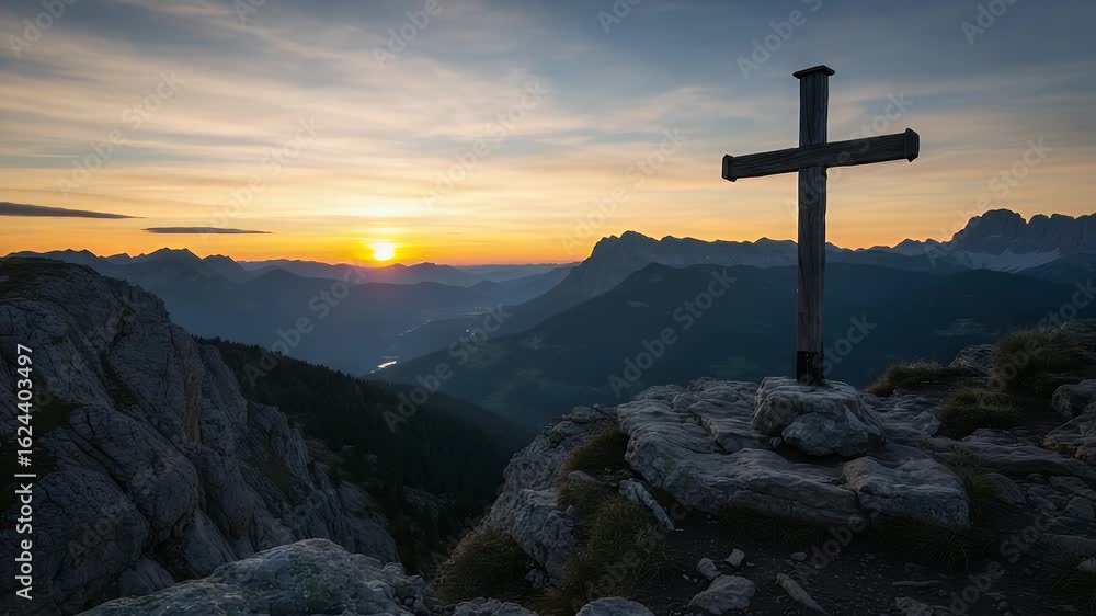 Sunrise over majestic mountains, a wooden cross standing tall on a rocky peak Sunrise over majestic mountains, a wooden cross standing tall on a rocky peak