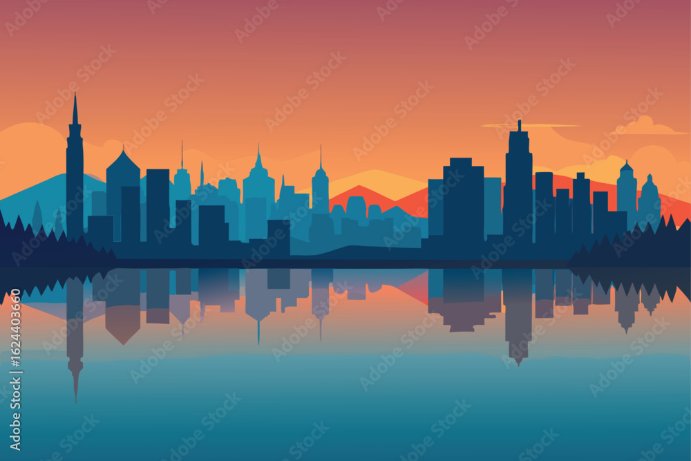 Fototapeta premium skyline reflected on glassy lake surface .eps
